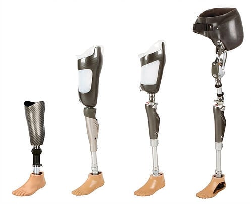 Four prosthetic leg designs displayed in progression, showing different mechanical joint and foot configurations for amputees