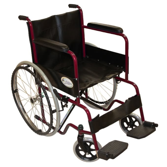 Manual wheelchair with burgundy frame, black seat and backrest, large rear wheels, and footrests, shown against white background.