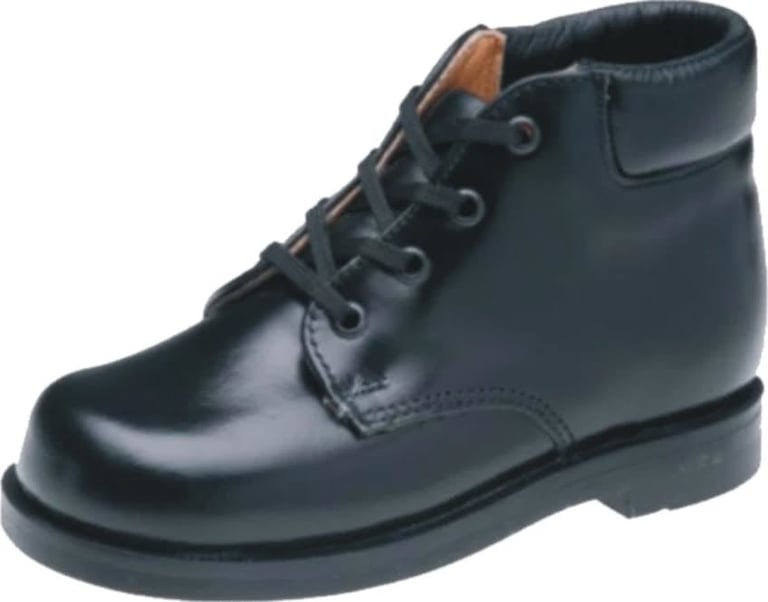 Black leather lace-up ankle boot with padded collar and brown trim detail